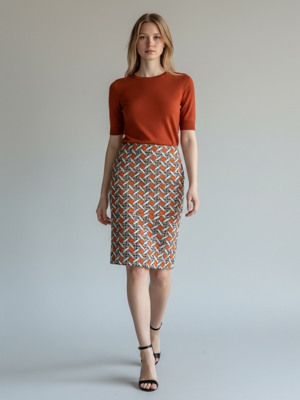 BANANA REPUBLIC  Geometric Pencil Skirt Orange Tan Work Party Meeting 8 Mini